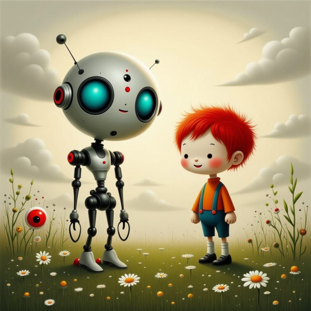 Robot and Boy in Wildflower Meadow, Painterly Style