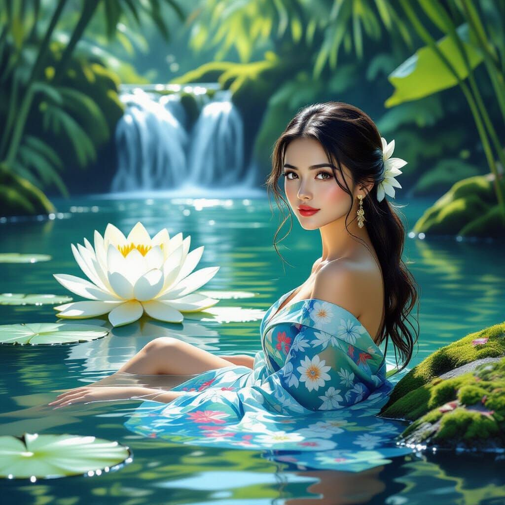 Serene Lady Swims in Indonesian Jungle Pond with Lotus Flowe...