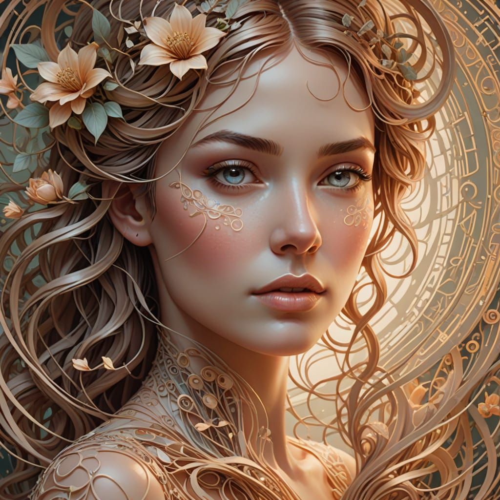 Art Nouveau Woman Emerges From Digital Vortex