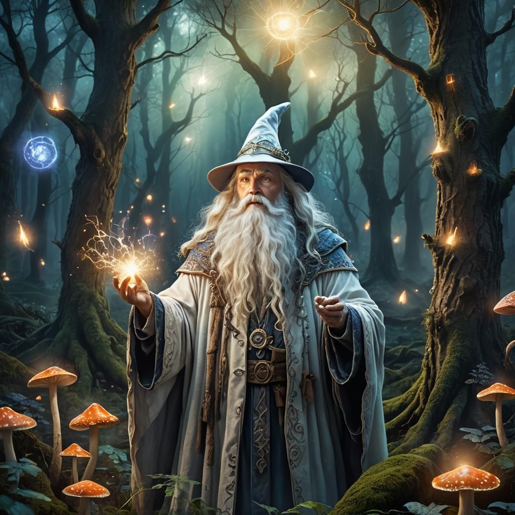Mystical Forest Wizard Casting Spell
