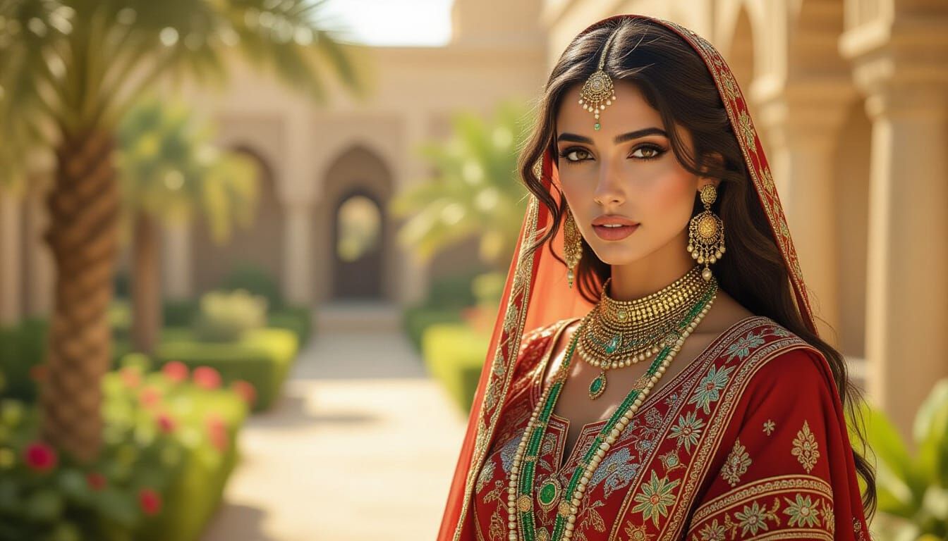 Assyrian Woman in Ornate Garden, Photorealistic Portrait