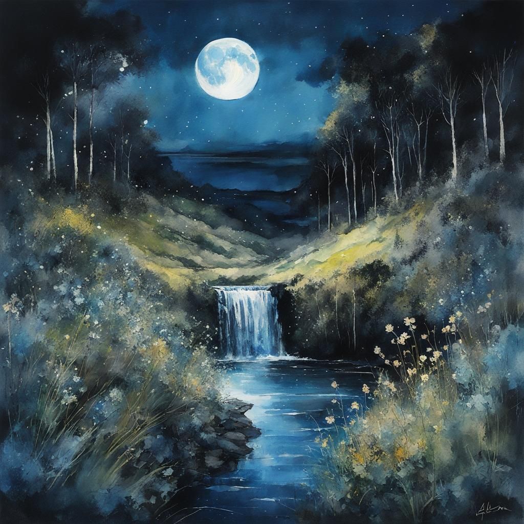 Blue Summer Landscape Under Night Sky, Watercolor