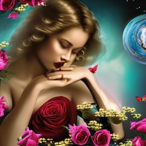 Beautiful Woman with Hourglass and Roses