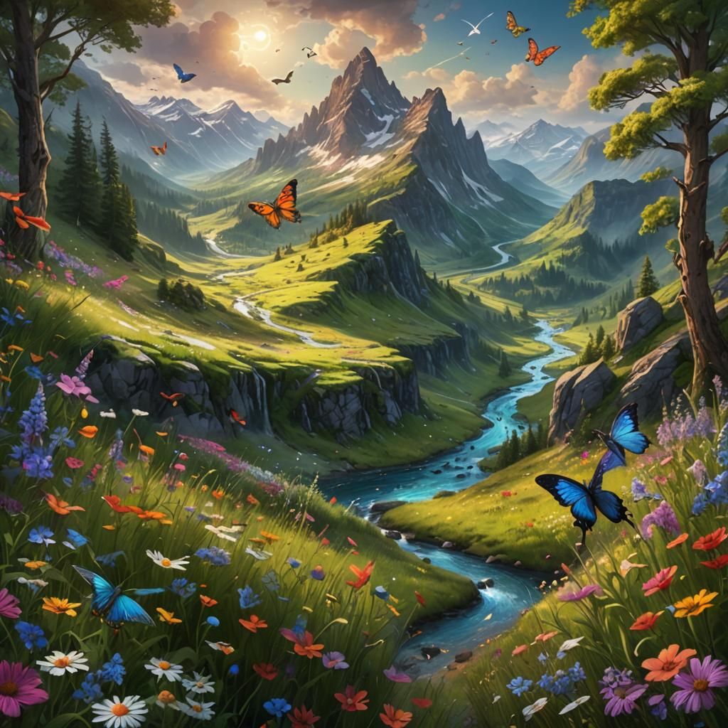 Fantasy Meadow with Birds and Butterflies