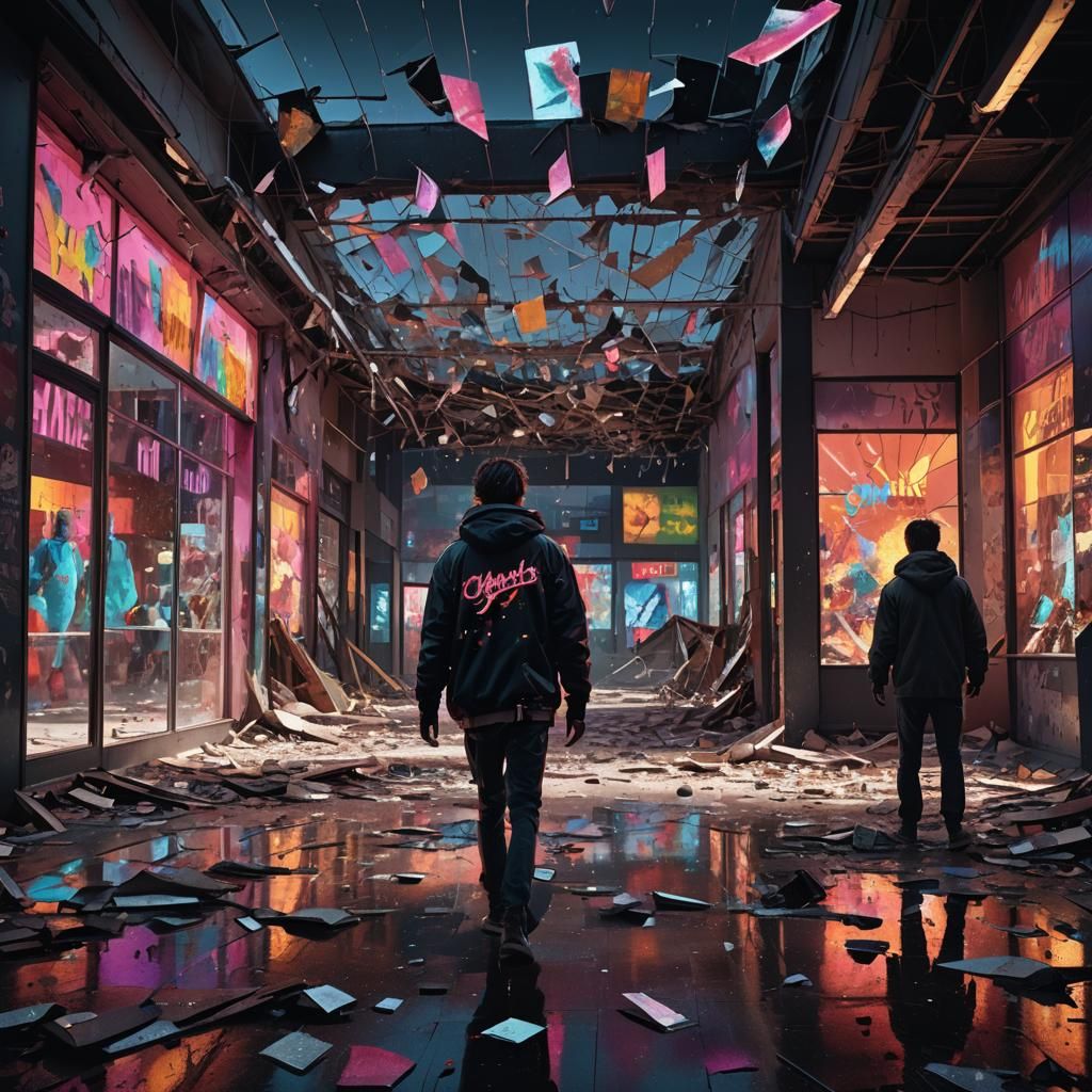Post-Apocalyptic Shopping Mall at Night: Hyperrealistic Art