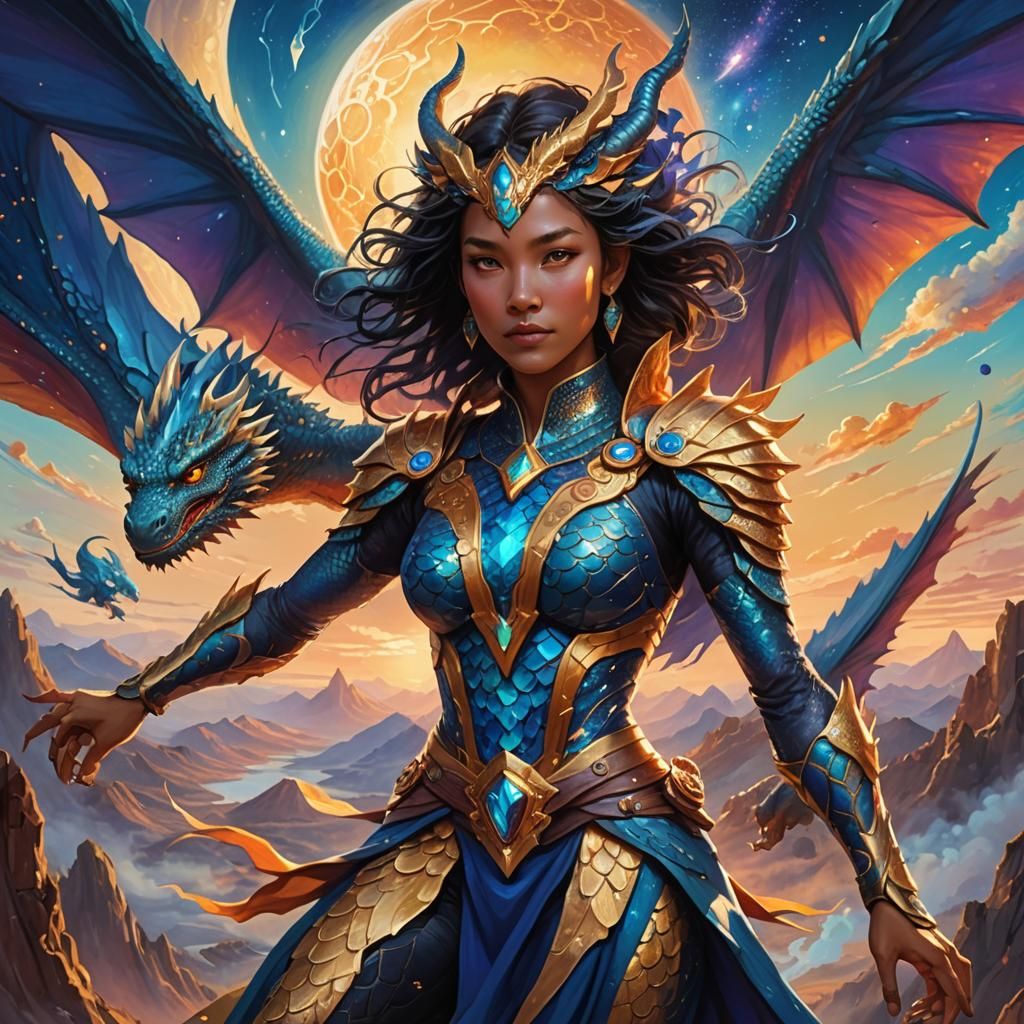 Blue Dragon Woman Soaring at Sunset
