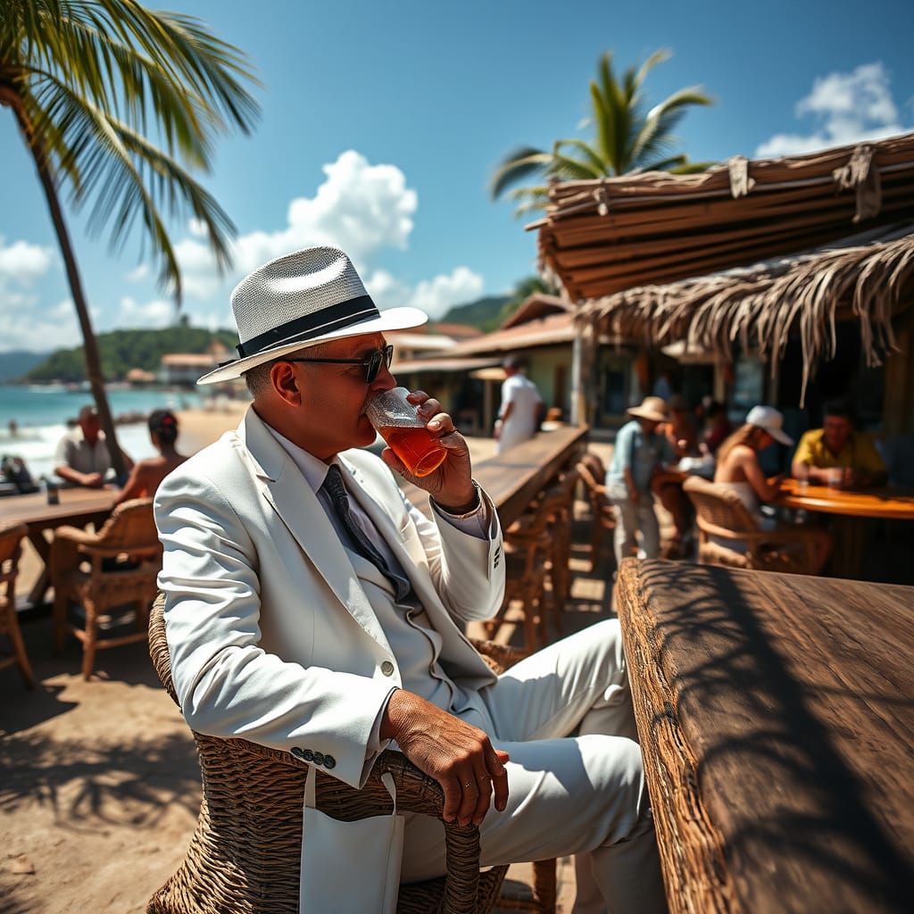 Colombian Man Relaxing by the Sea in Panama Hat