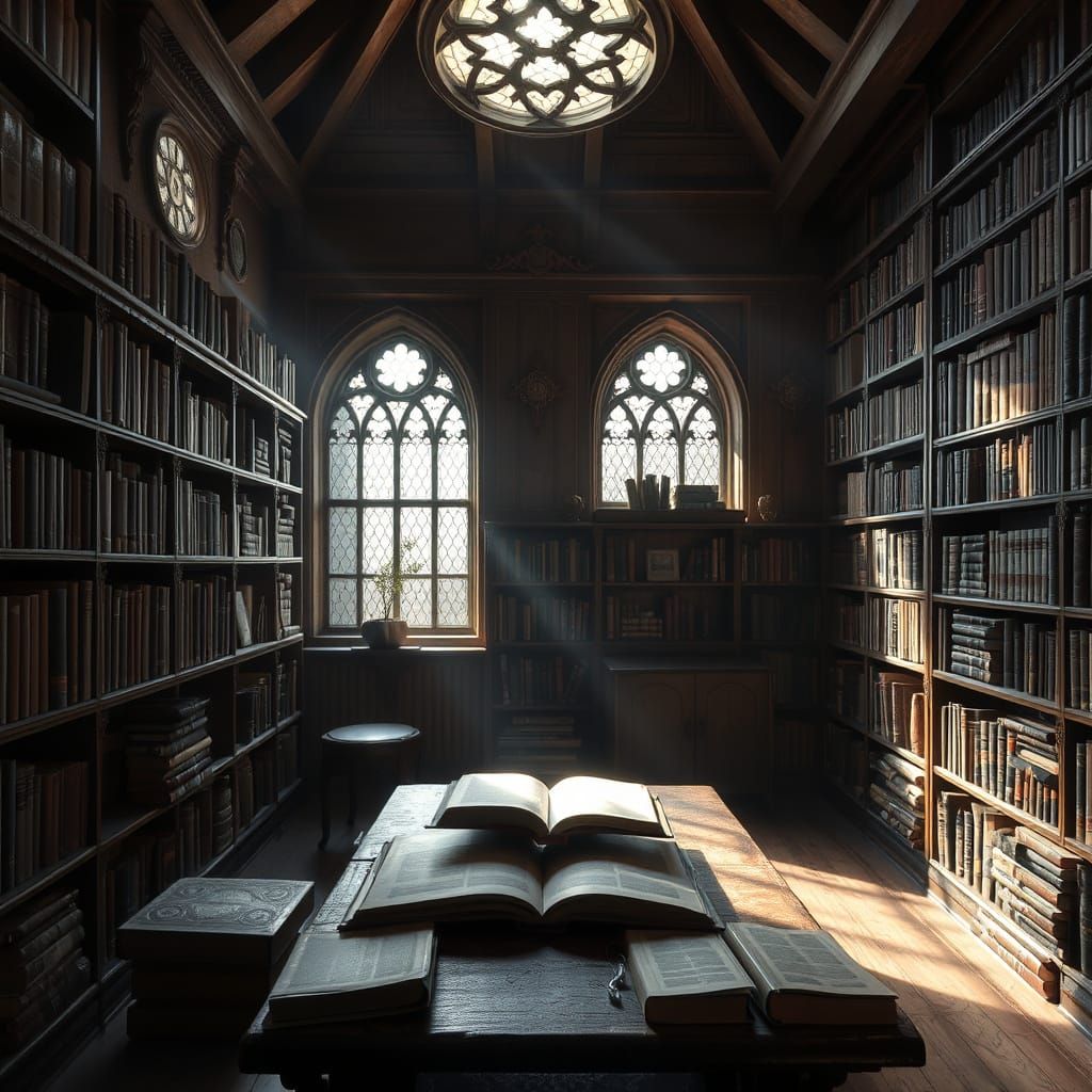 Medieval Library Study in Dark Wood and Ancient Tomes