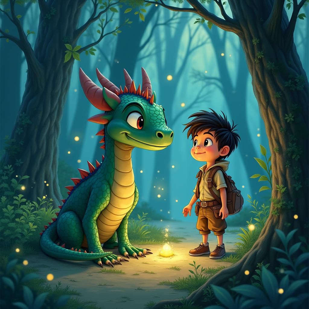 Boy and Dragon in Whimsical Forest: Disney Animation