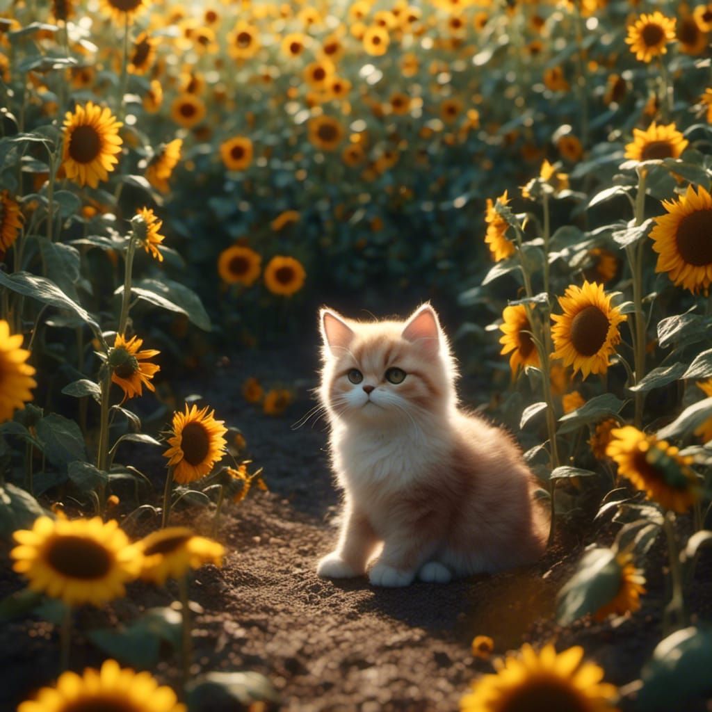Kitten Lounging in a Sunflower Field