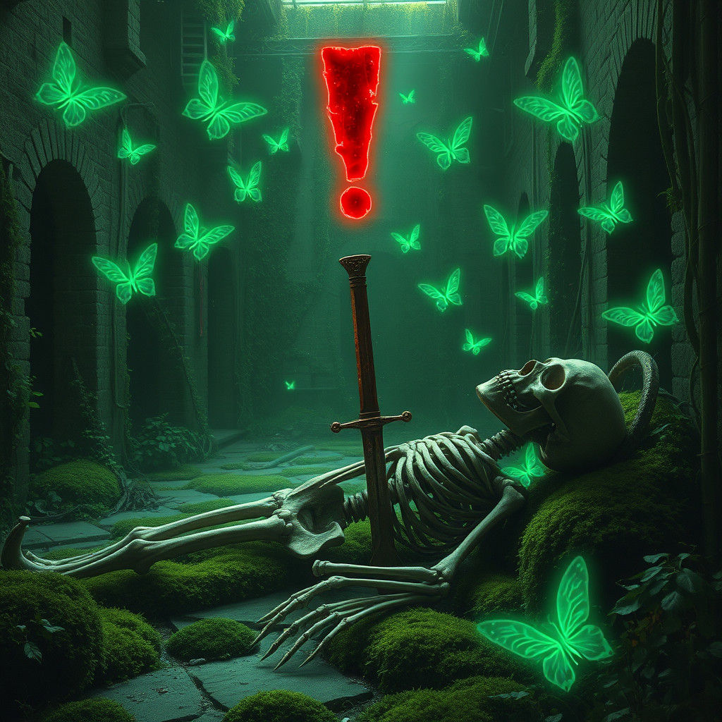 Eerie Courtyard with Ghostly Butterflies and Skeleton