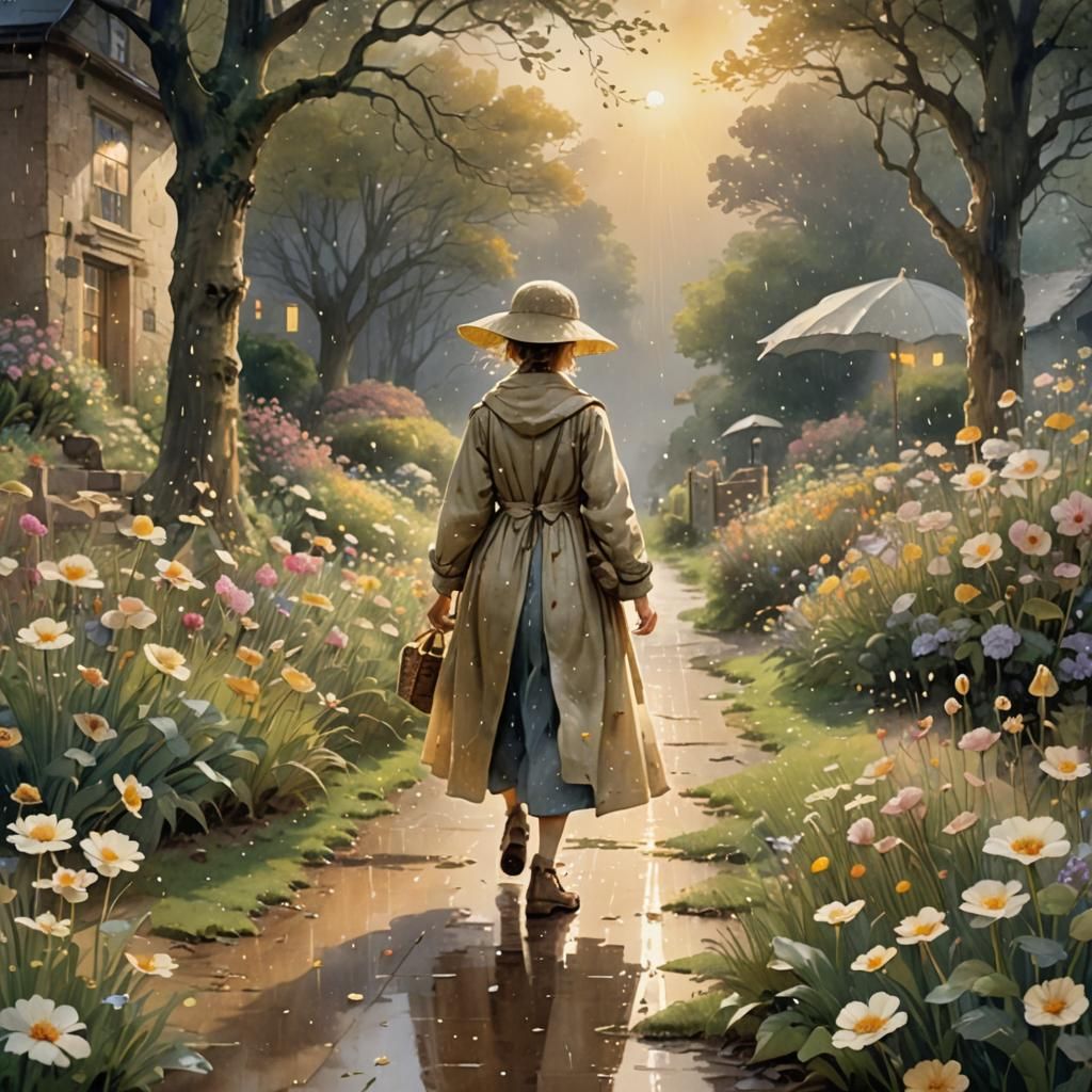 Radiant Figure Walking in Golden Rain: Watercolor Art