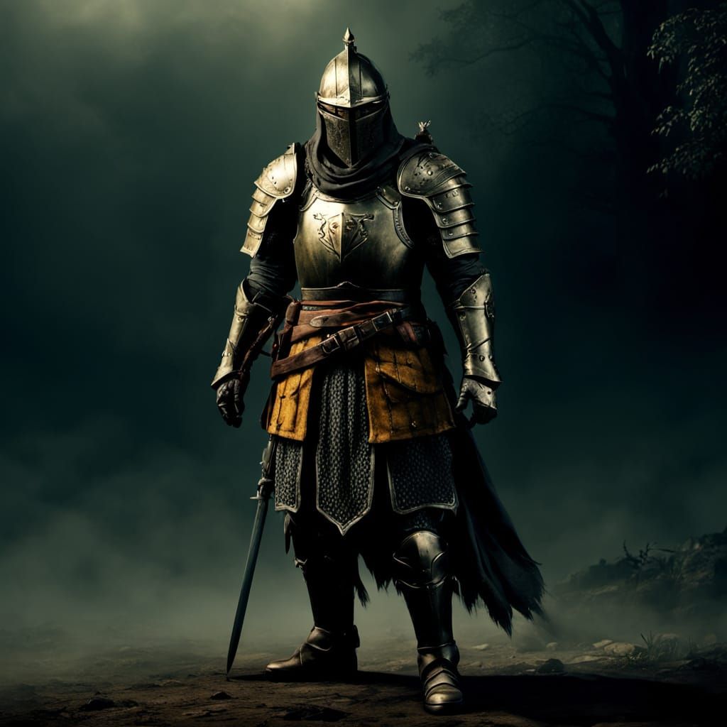Knight Walks Foggy Battlefield in Dark Fantasy Art