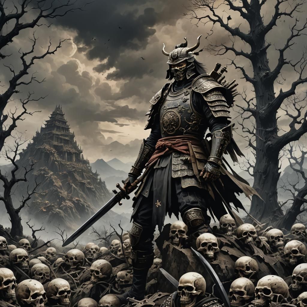Dark Fantasy Samurai on Mountain of Skulls