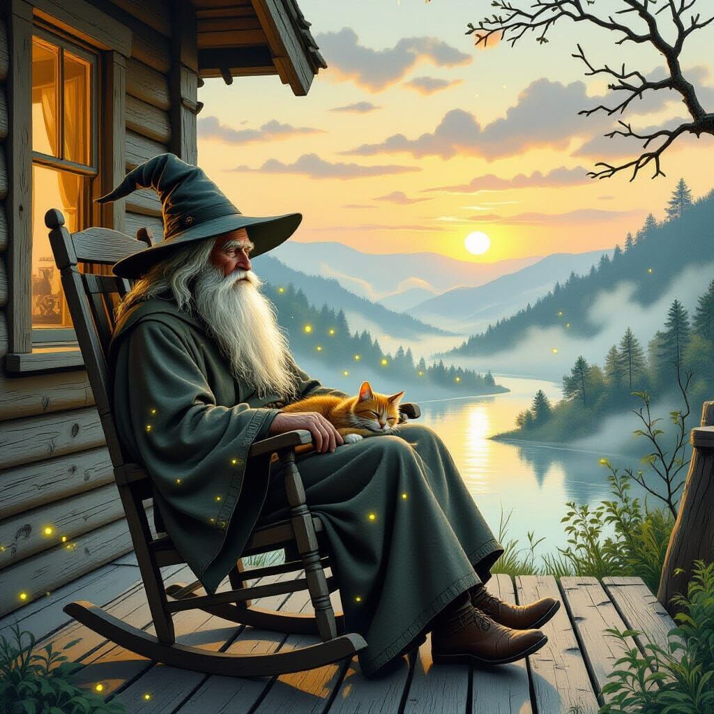 Wizard and Cat in Arthur Rackham Style