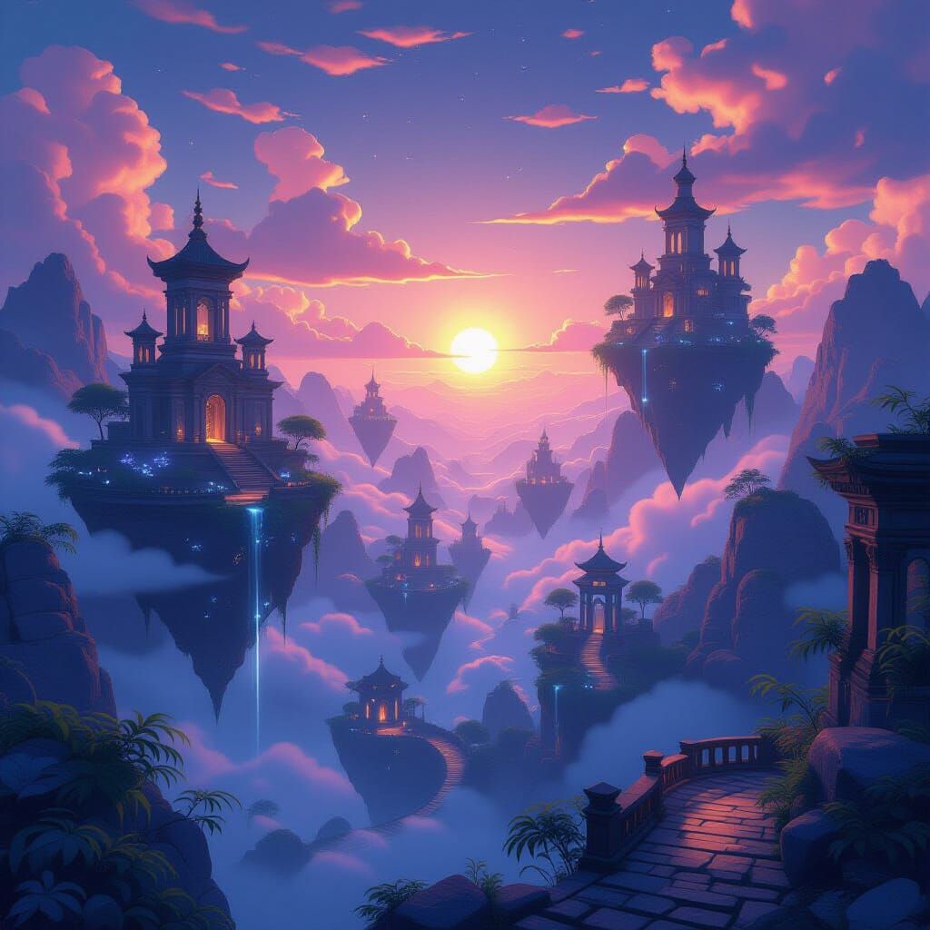 Ethereal Fantasy Landscape with Twin Sunset and Floating Isl...