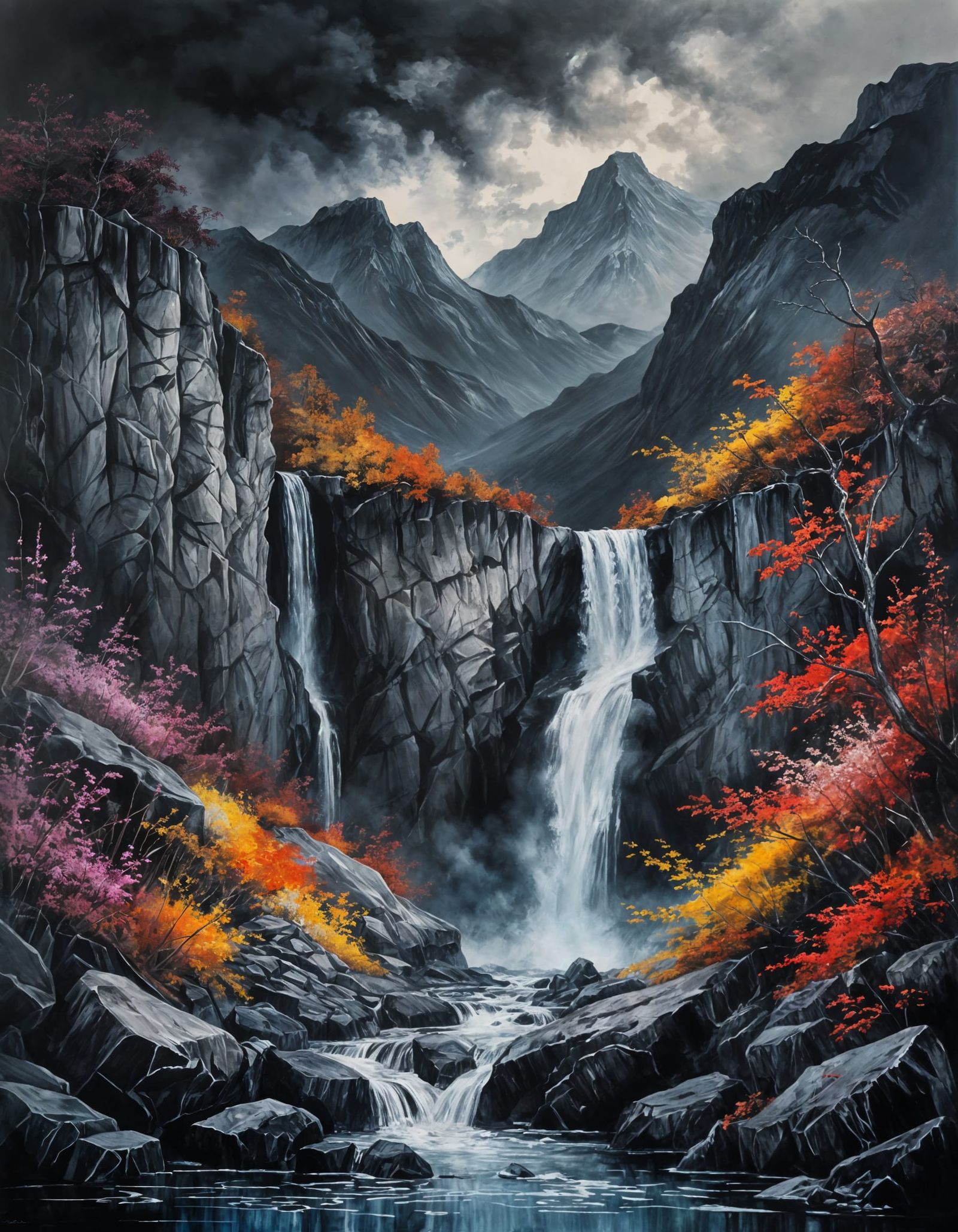 Vibrant Mountain Landscape in Dark Moody Oil Painting