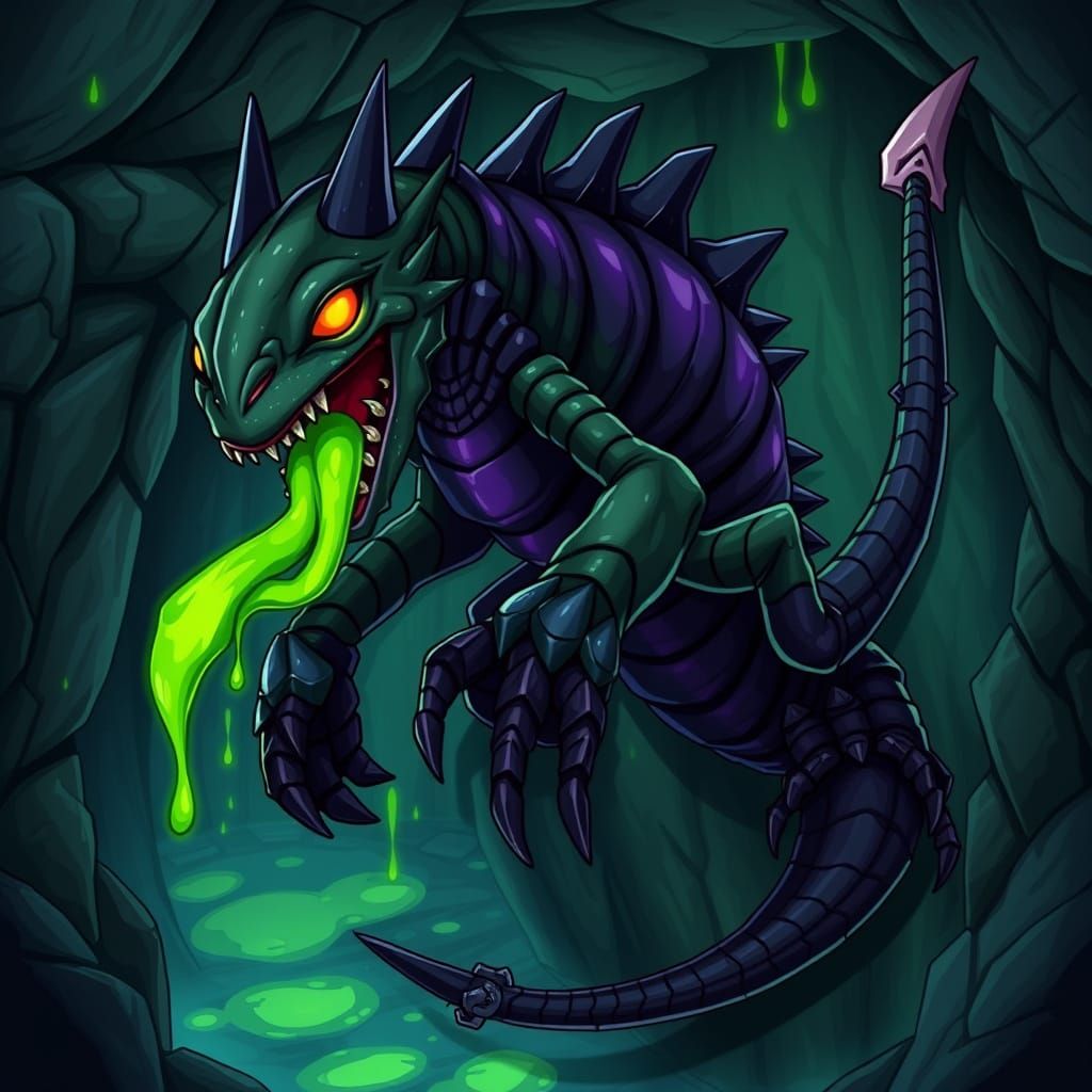 Sleek, Menacing Anime-Style Monster in Dark Dungeon Environm...