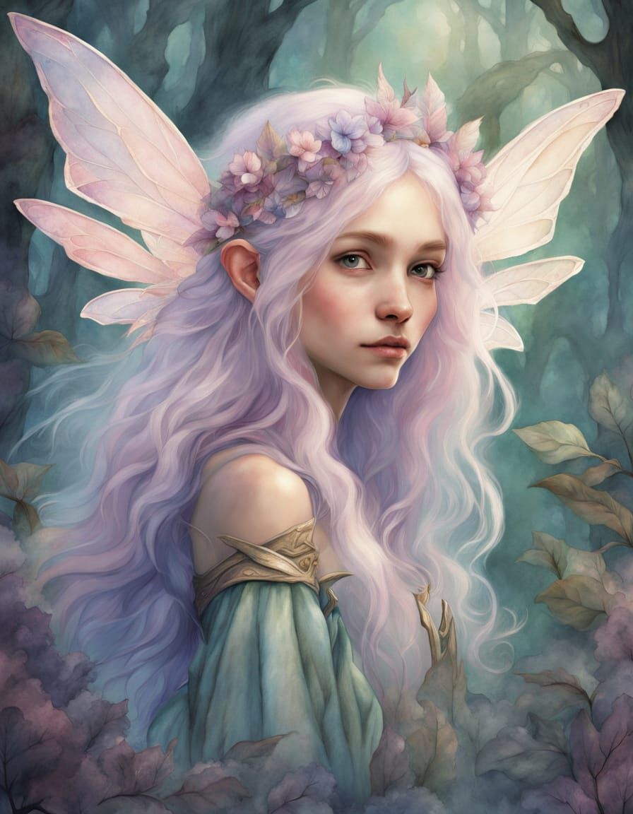 Cute female elf with long white hair and brown eyes, dressed...