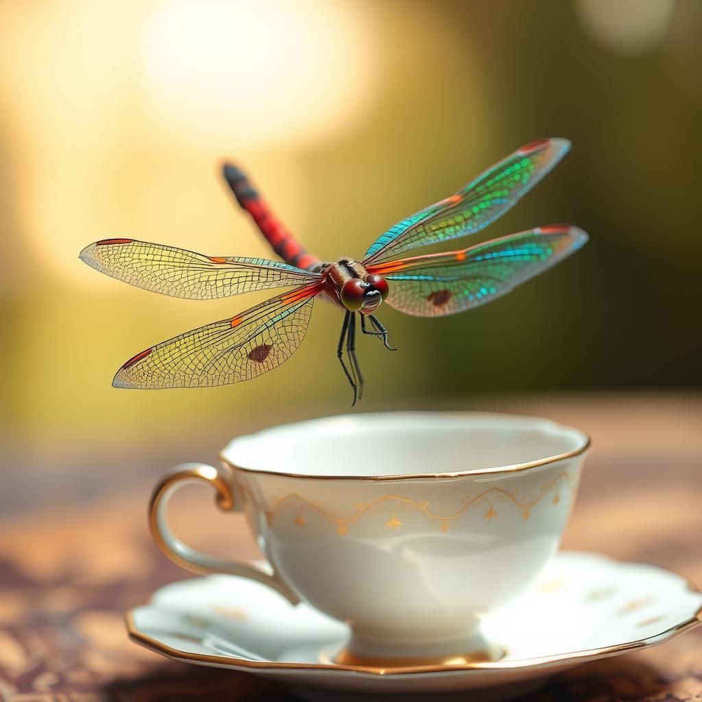 Dragonfly and Teacup in Hyperrealistic Style