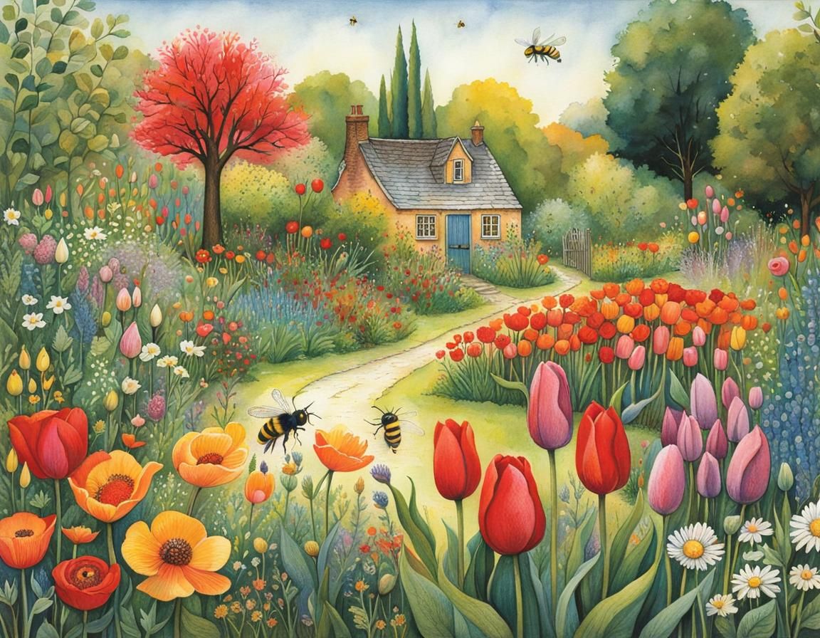 Storybook Garden Illustration in Vibrant Colors