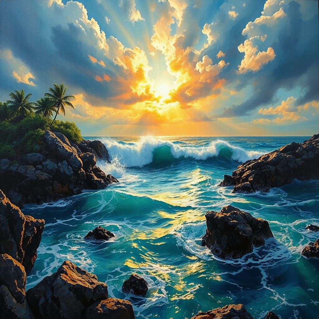 Stormy Tropical Landscape in Neo-Impressionist Style