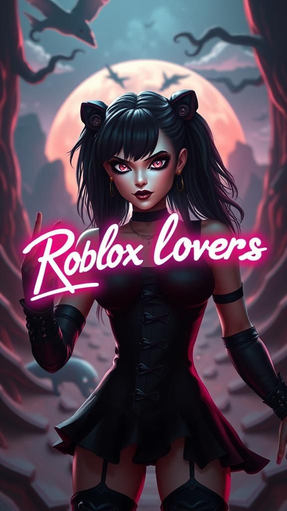 Attractive Gothic roblox woman part of the  game, surrealism , action , breathtaking , let's the game begin, text banner...