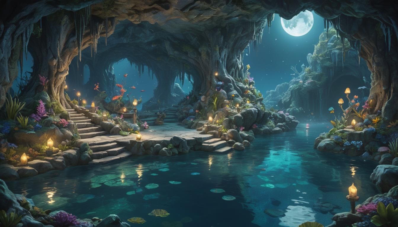 Enchanting Mermaid Grotto Under Moonlight, Digital Art