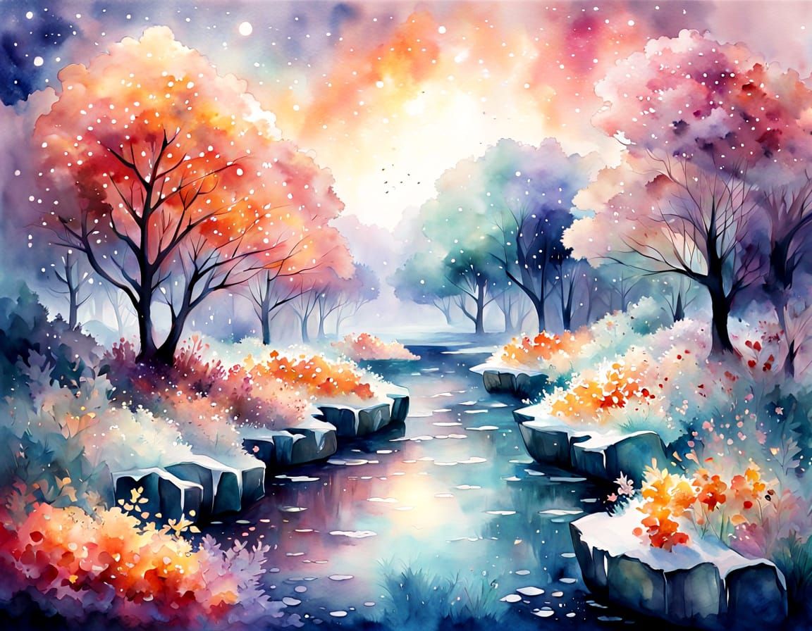 Starlit Garden of Crystalline Flora in Watercolor