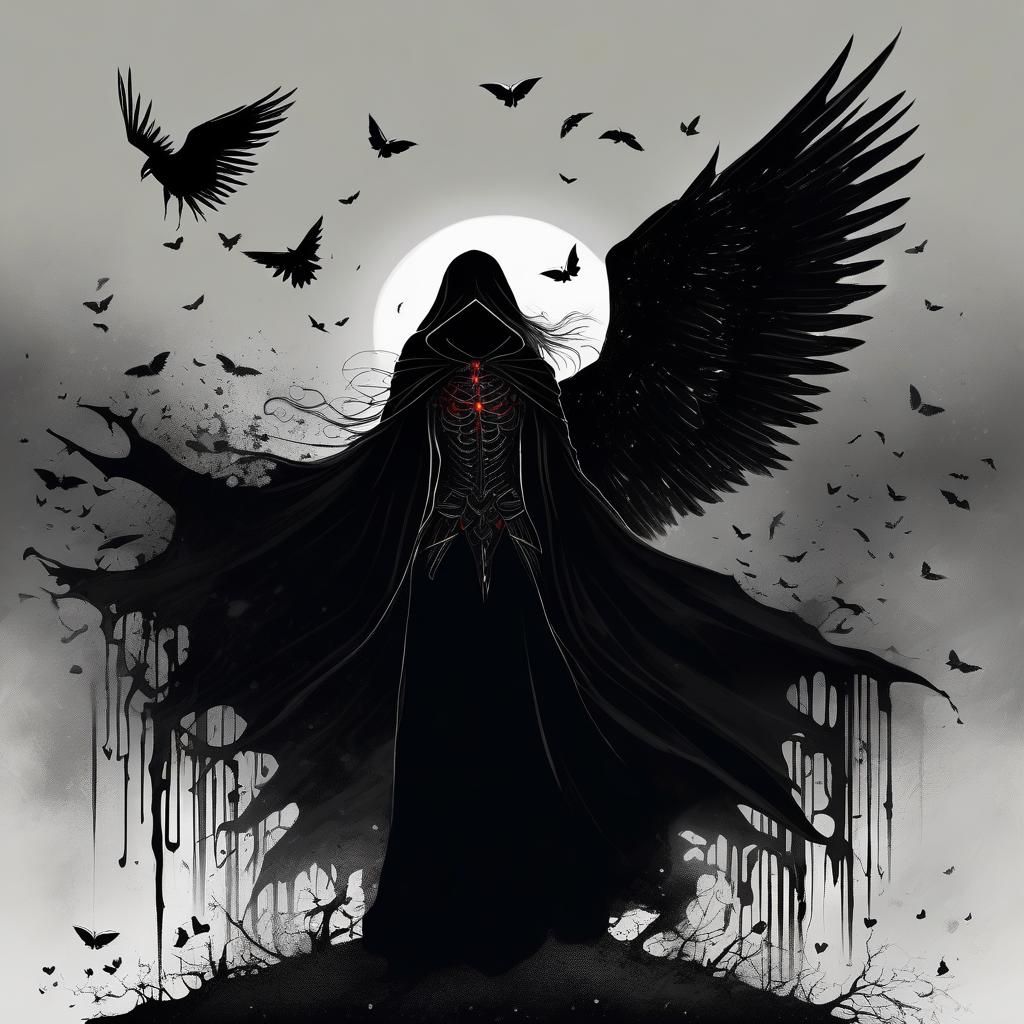 Ethereal Figure Under Black Wings: A Dark Dream