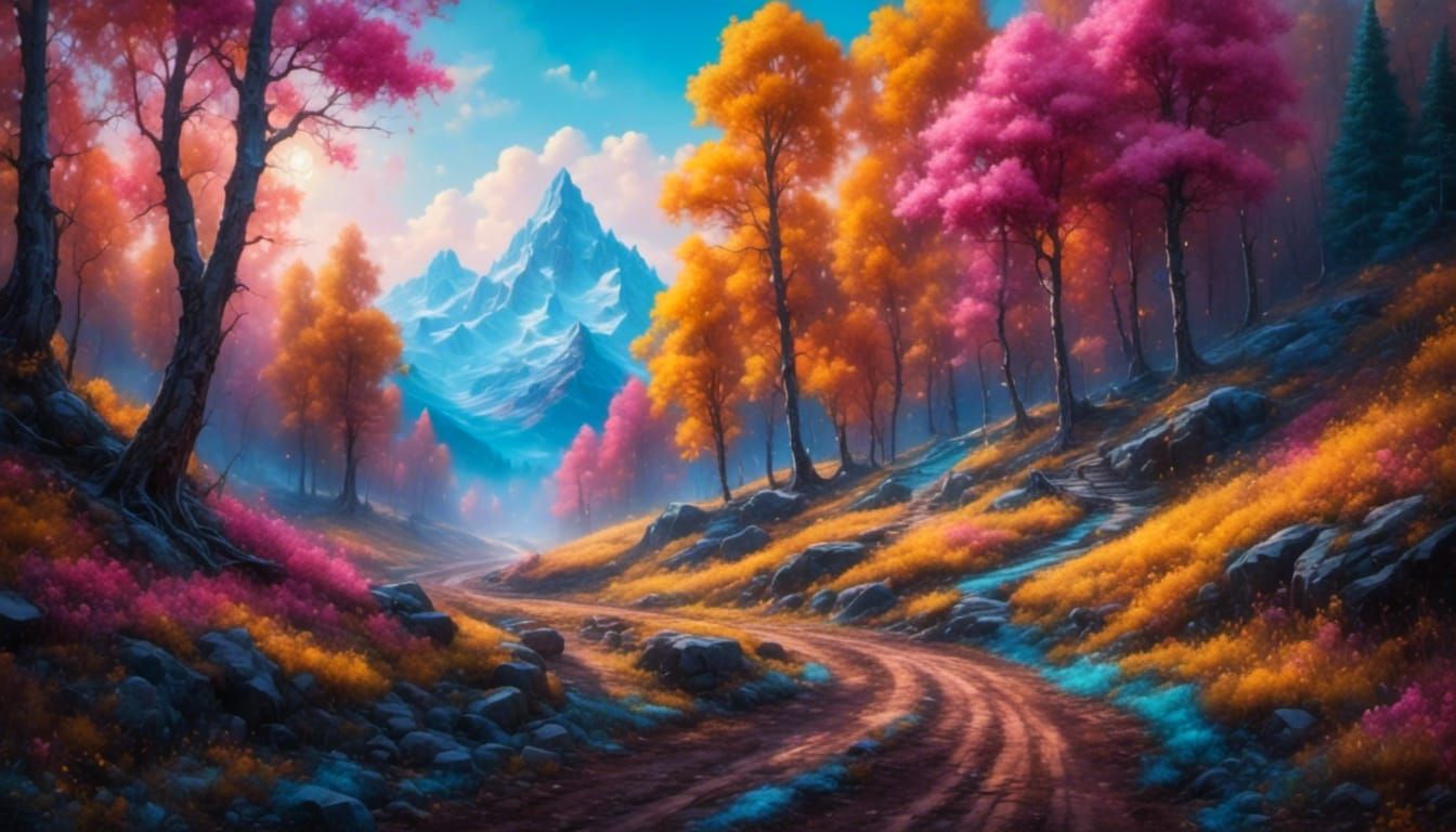 Road Through Colorful Forest with Sparkling Effect