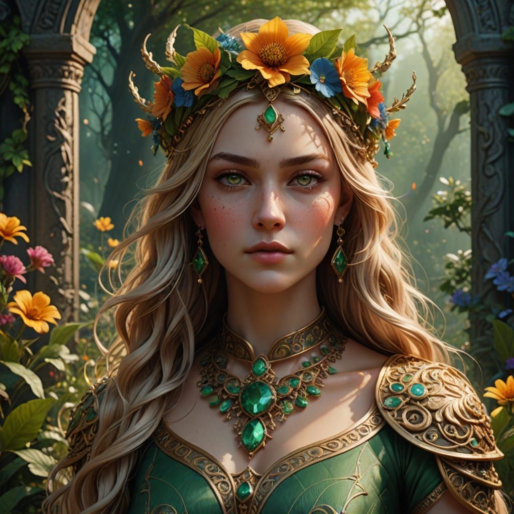 Majestic Goddess of Spring in Vibrant Green Attire