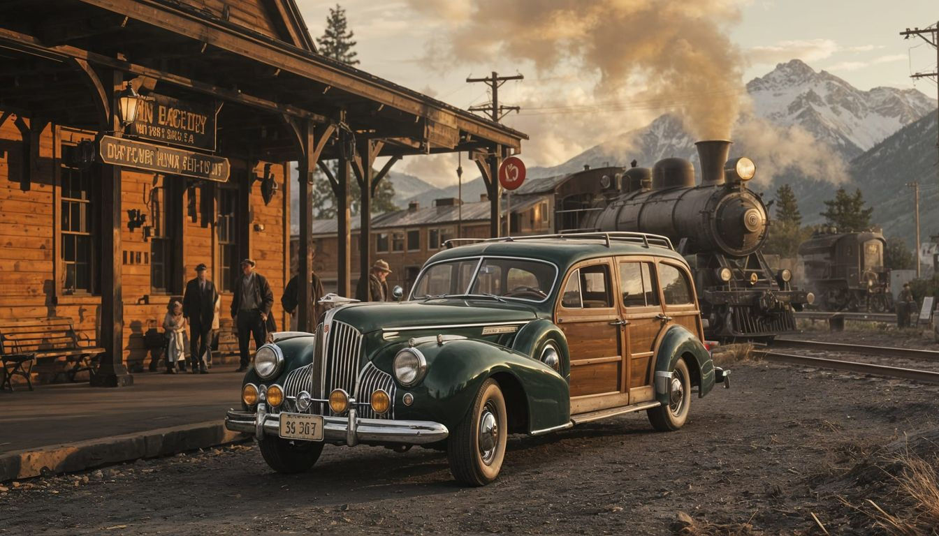 1940 Packard Model 180 Eight Woodie  Wagon parked a 
 the ra...