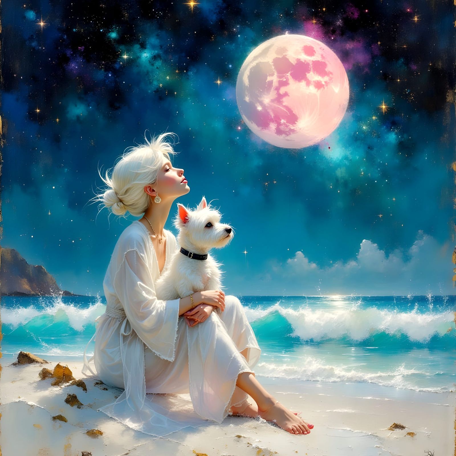 Woman and Dog on Bioluminescent Beach at Night