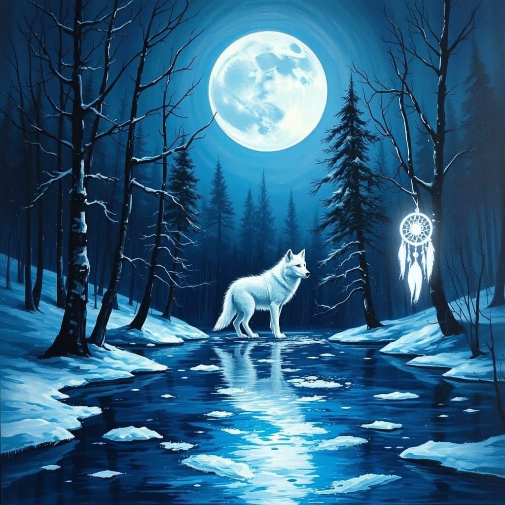 Angelic Wolf on Icy Tundra Under Moonlight