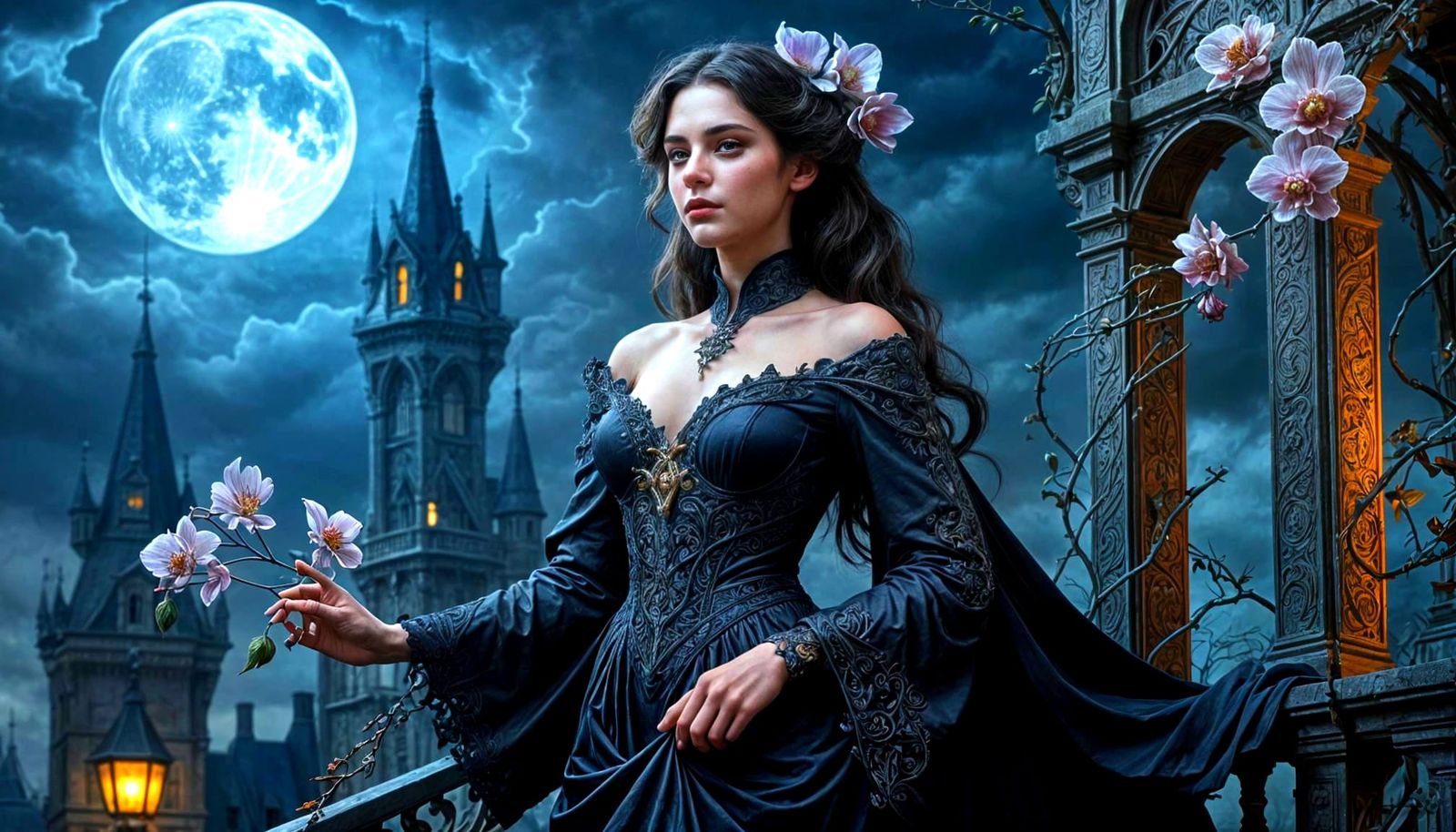 Victorian Vampire with Floral Vines in Lithograph Style