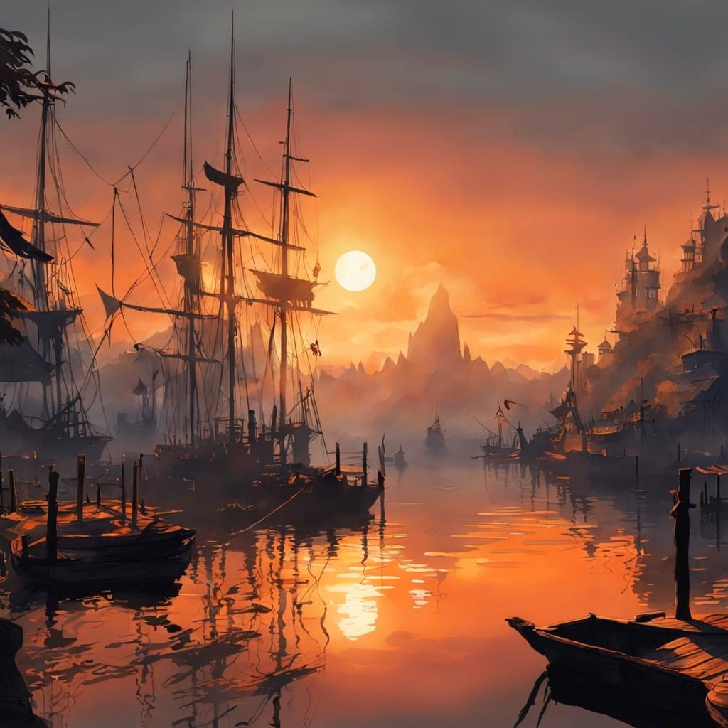 Sunset over a Quaint Lake Town in Middle Earth