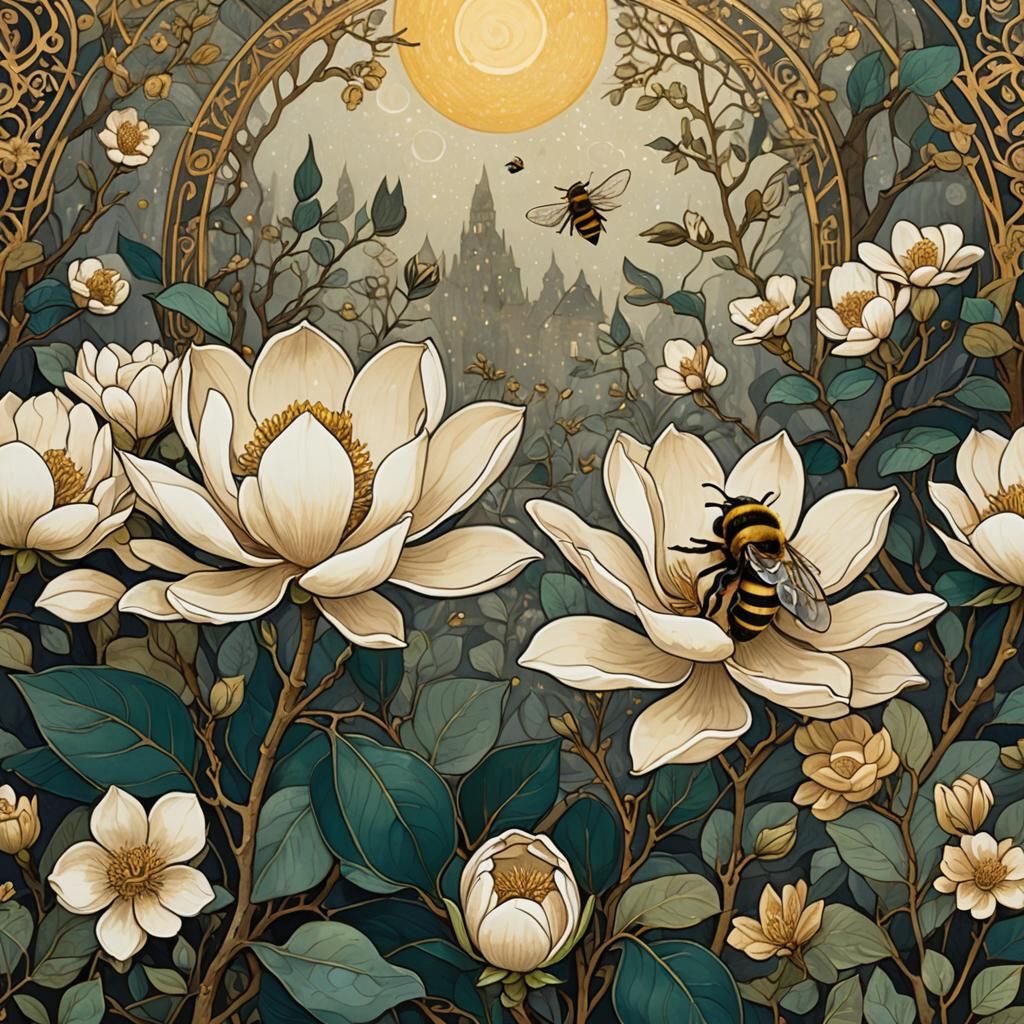 Art Nouveau Magnolia and Bee in Klimt Style