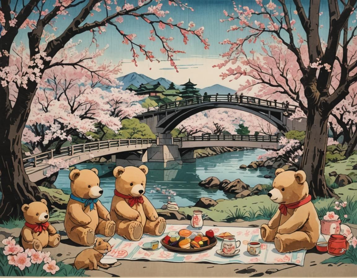 Teddy Bears' Picnic in Sakura Garden: Ukiyo-e Style