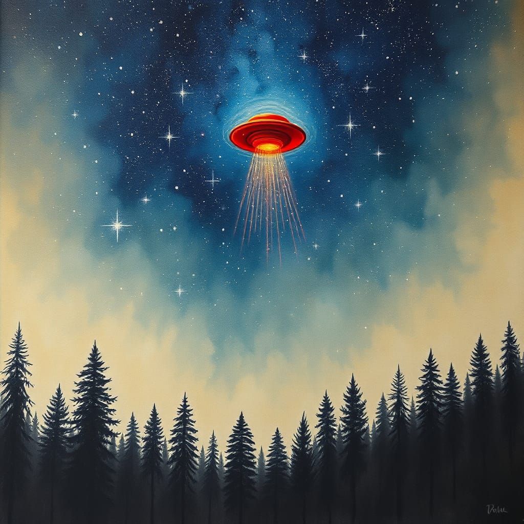 Red UFO in Forest Under Starry Sky
