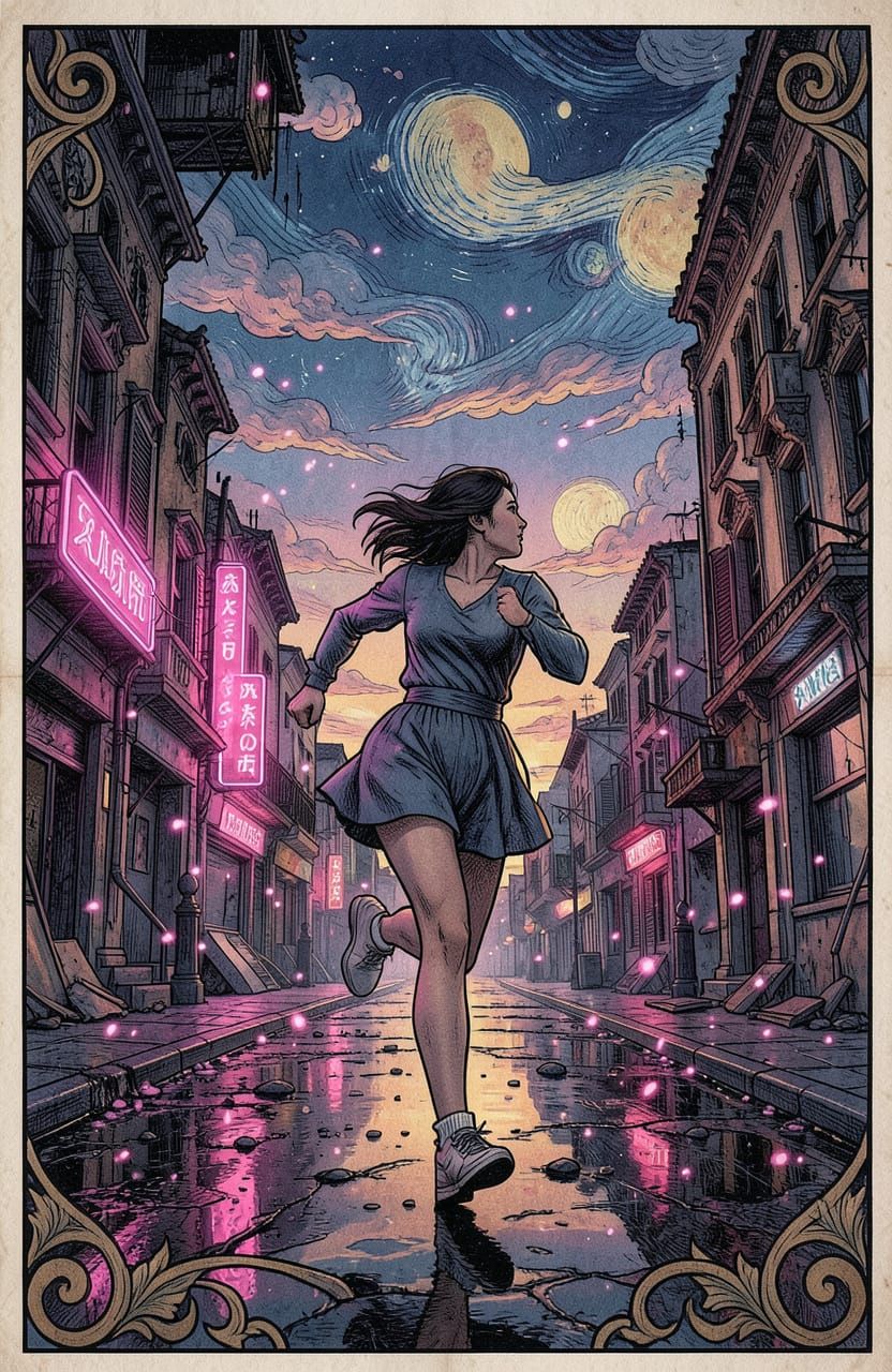 Young Woman Running in Twilight Sunset with Pink Sparkles