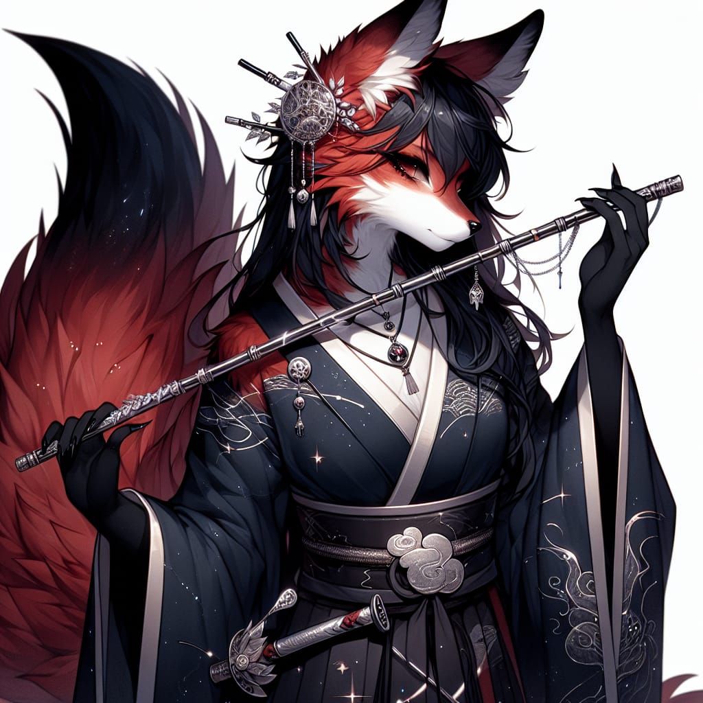 Kitsune bard in ember-like red fur