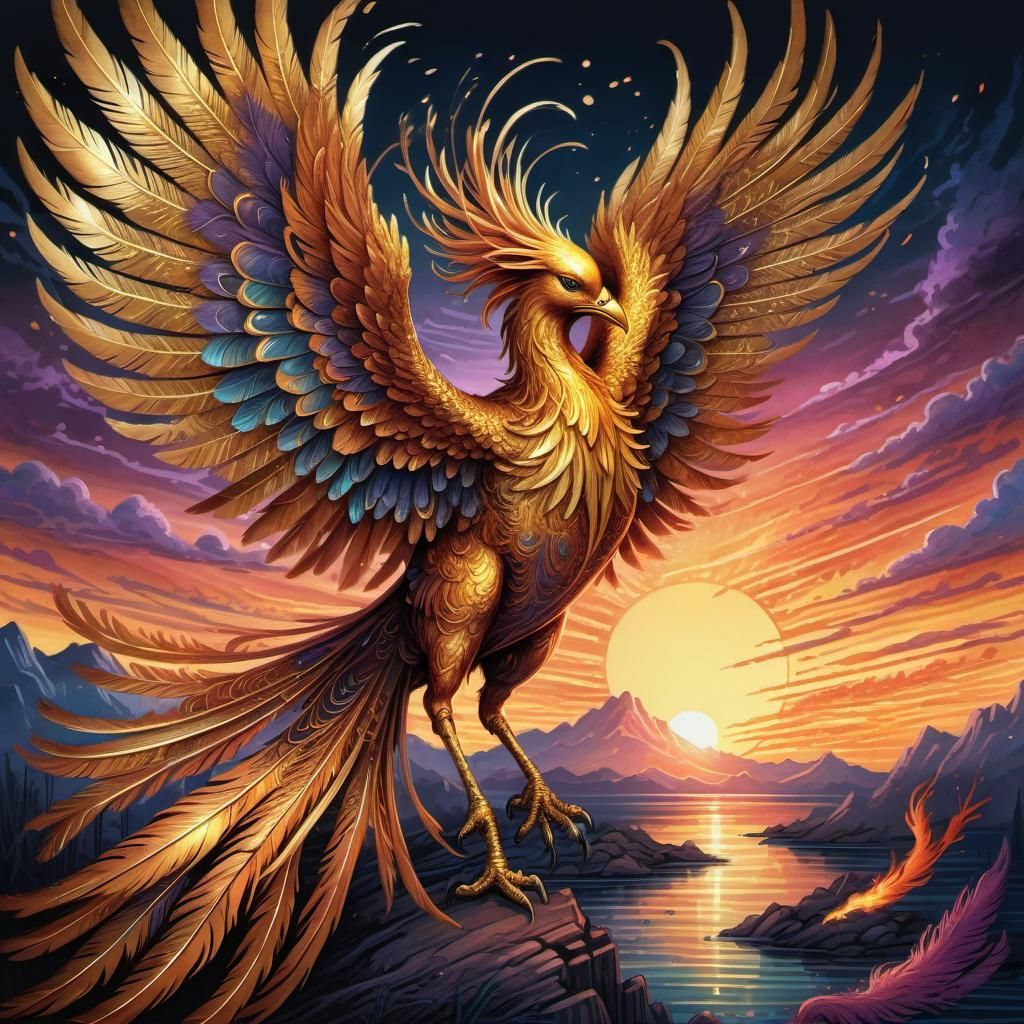 A majestic golden phoenix is rising from the ashes.