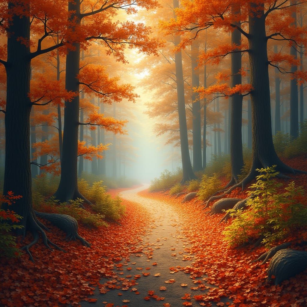 Autumn Forest Path in Dreamy Impressionist Style