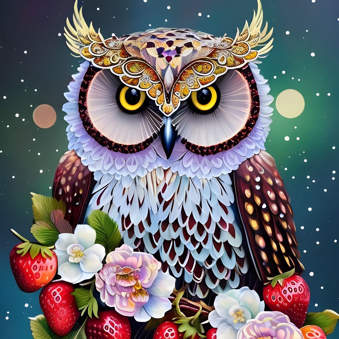 Ornate Floral Owl with Strawberry Details