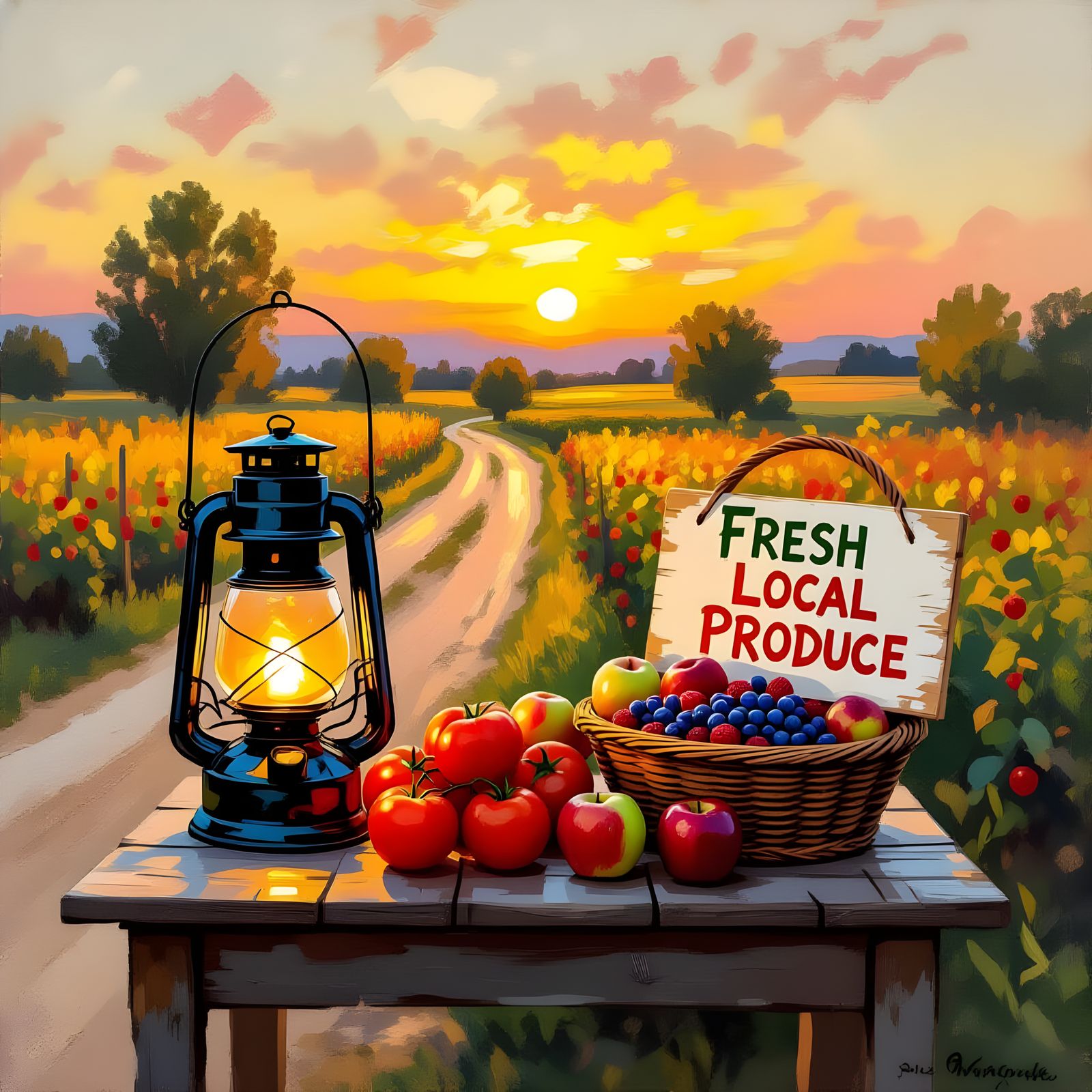 Charming Farmstand at Sunset as Oil Painting