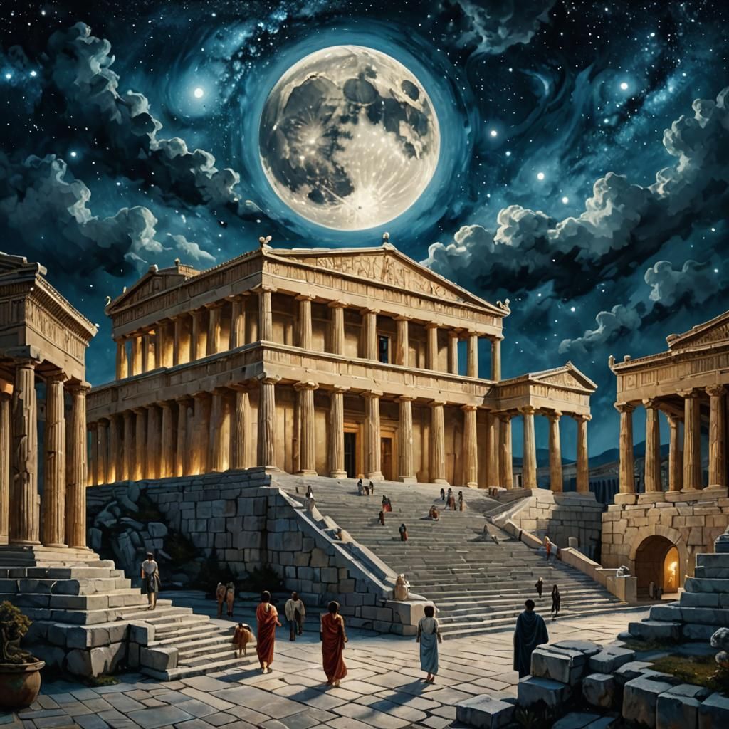 Majestic Greek Palace Under Galaxy Sky, Impasto Painting