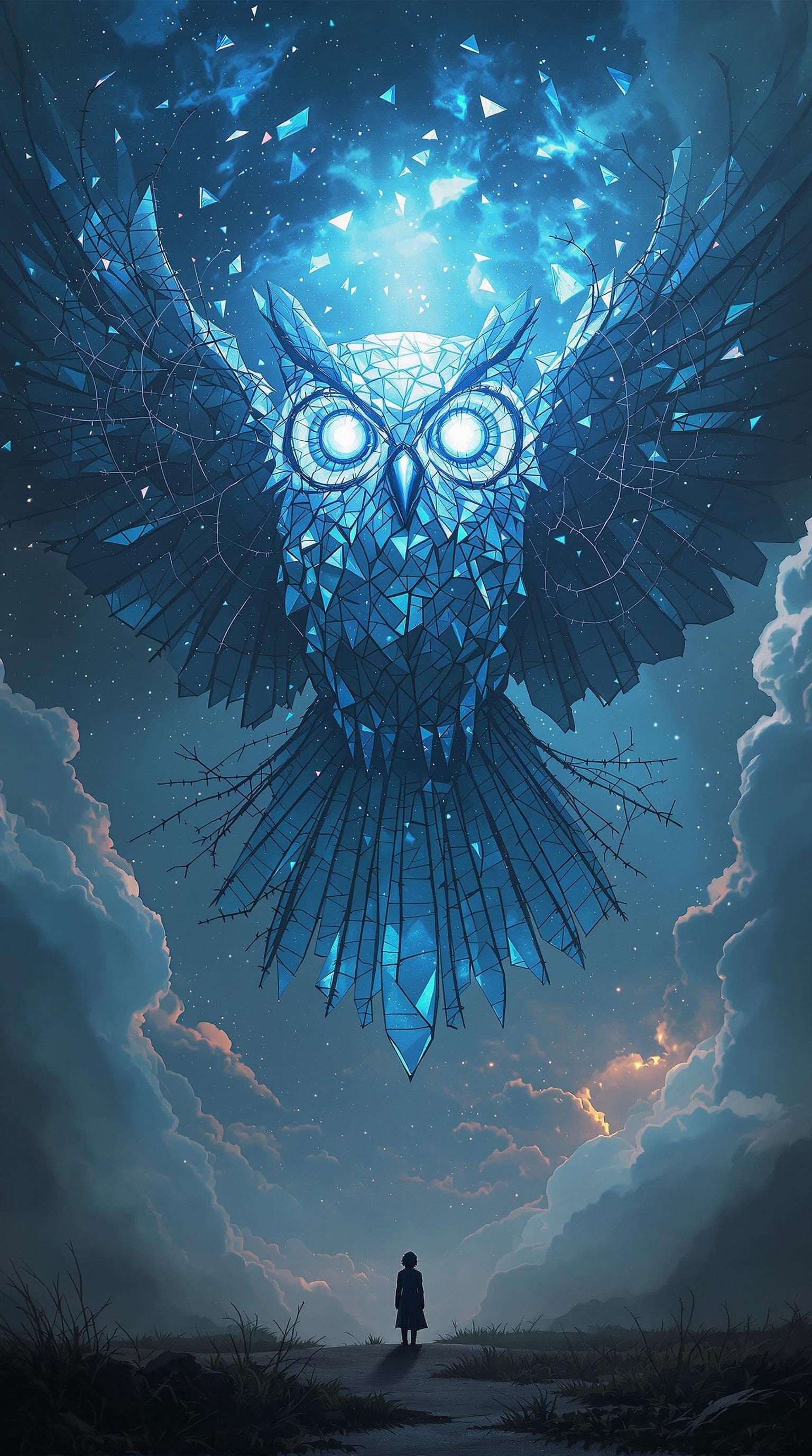 Giant Stained Glass Owl Hybrid Soars Above a Small Figure in...