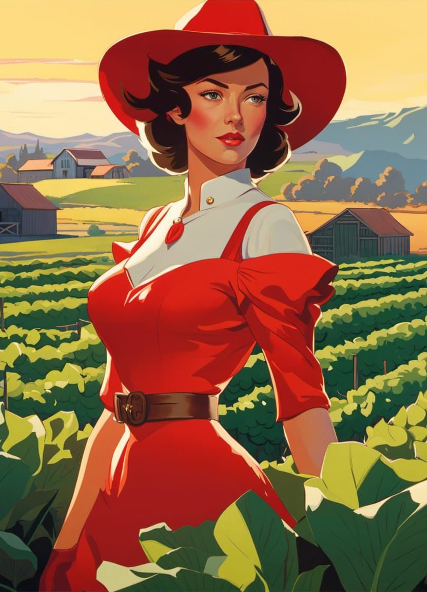 Android Cowgirl in Red Dress: Digital Art