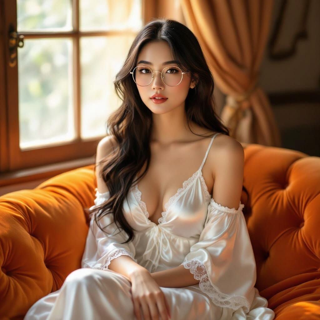 Asian Woman in White Gown, Alphonse Mucha Style